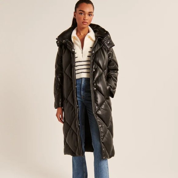 ❌SOLD ❌ NWT A&F Ultra Long Vegan Leather Quilted Puffer Coat SZ PETITE LARGE - Picture 1 of 12